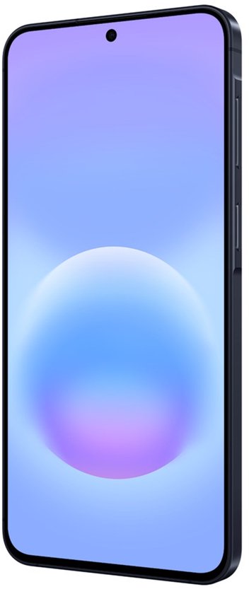 Smartphone met zwart frame, paarsblauw scherm met bol, gezien vanaf de zijkant.