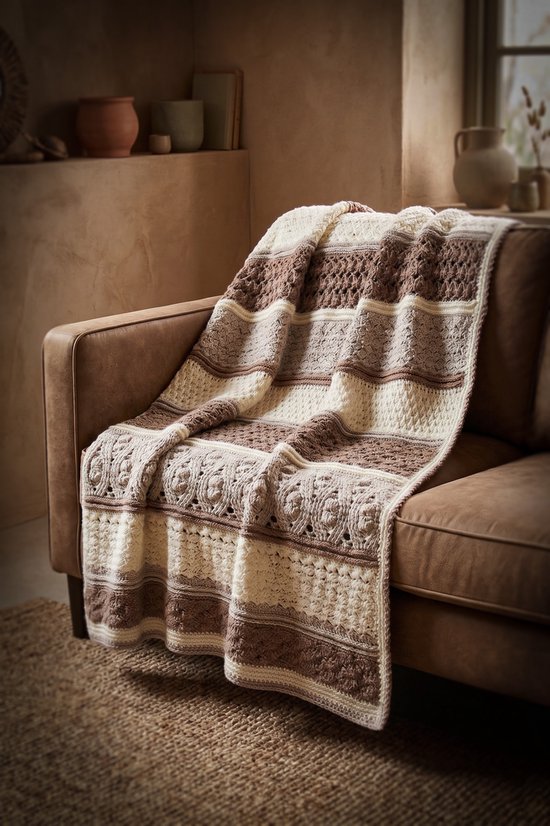 Couverture tricotée avec des rayures en crème, beige et marron avec différents points, drapée sur un canapé marron.