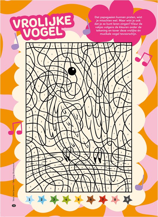 Kleur de vogels volgens de nummers. Tekst: Vrolijke Vogel