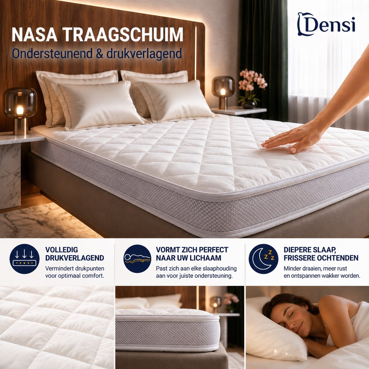 Densi Traagschuim Topper 12 cm – NASA Visco – Topdekmatras 180x200 cm – Drukverlagend & Ergonomisch – Afritsbare Tencel Hoes – 3D Ventilatieband – Anti-Allergie – Rug- Zij- & Buikslapers wit