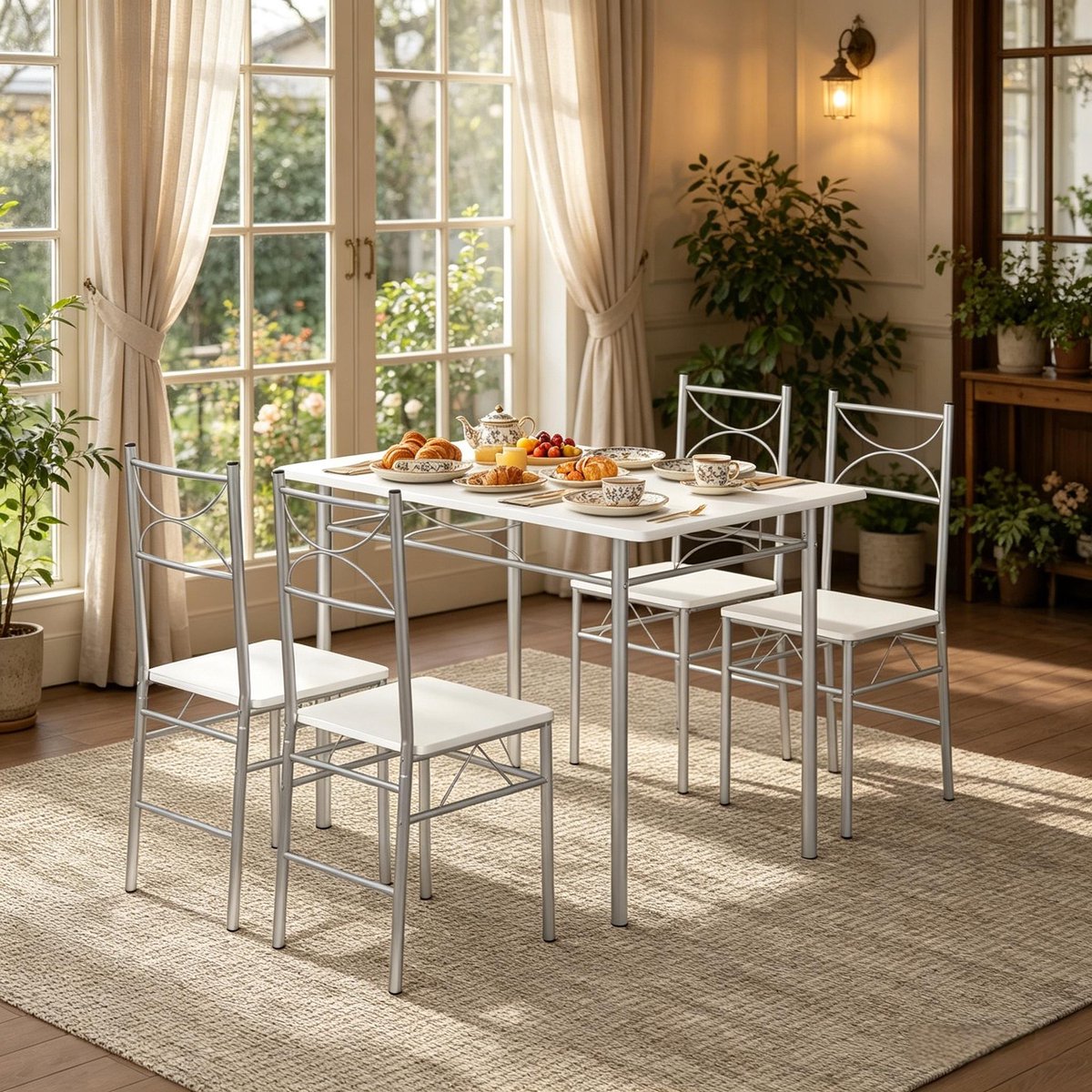 MODENUIT Eetkamerset 110 x 76 x 70 cm - Tafel met 4 Stoelen - Voor Eetkamer en Balkon - MDF Metaal - Wit Zilver