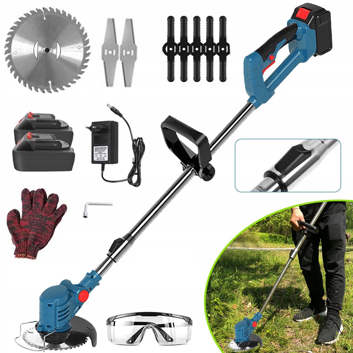 Verstelbare Elektrische Grastrimmer - 3 Verwisselbare Messen (Metaal En Kunststof) - Zuiver Koperen Motor 18000 Tpm Max. - Telescopische Steel 98-128 cm - Blauw