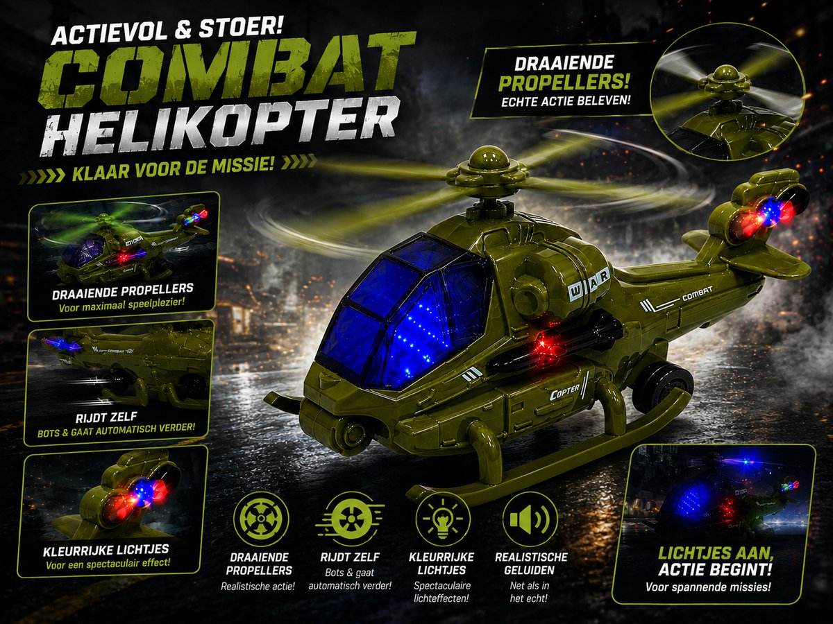SWAT CHOPPER - Gevechtshelikopter met draaiende propellers en kan rijden- geluid en licht - Army Helikopter (incl. batterijen)