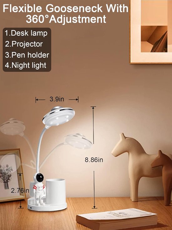 LED Desk Lamp for Kids - Astronaut Theme Portable Table Lamp with Projection and Pencil Holder - Dimmable and Rechargeable Reading Lamp for Students Dormitory Study — afbeelding 5
