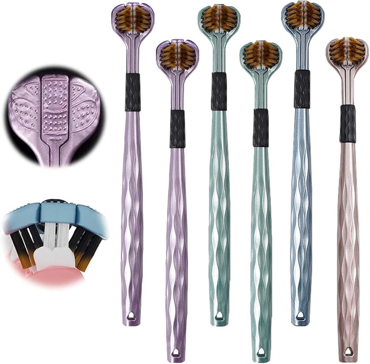 Set van 6 Drievoudige Tandenborstels met Zachte Borstels voor Volwassenen, Ideaal voor Gevoelige Tanden en Tandvlees, Perfect voor Kamperen, Reizen en Hotels, Verkrijgbaar in Vier Kleuren