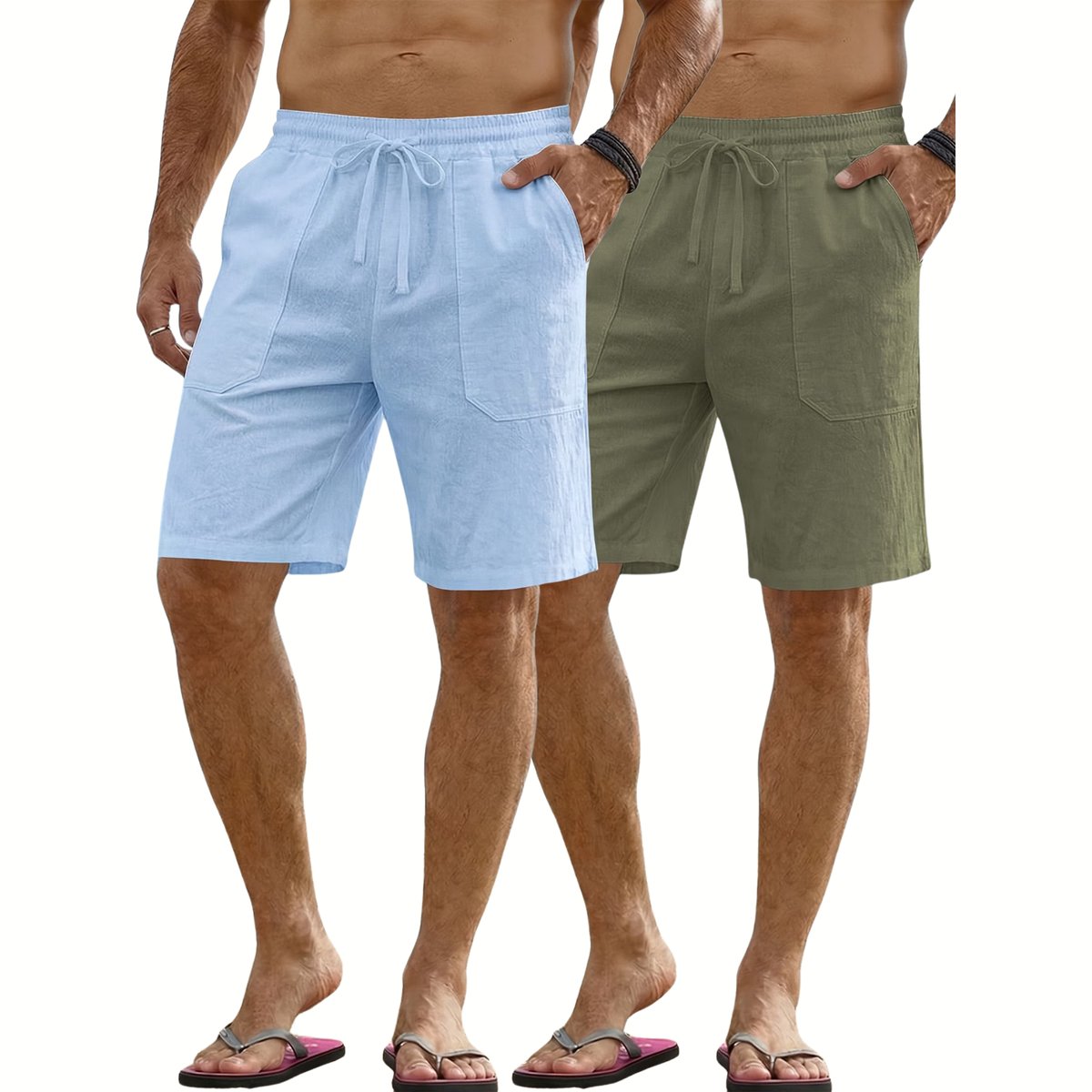 Currero Korte Linnen Broek Heren Zomerbroek Volwassenen Korte Broek Shorts Strandbroek Zomer Ibiza Stijl + Legergroen Blauw