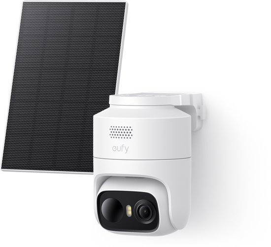 Witte eufy beveiligingscamera met zonnepaneel, gemonteerd op een muur.