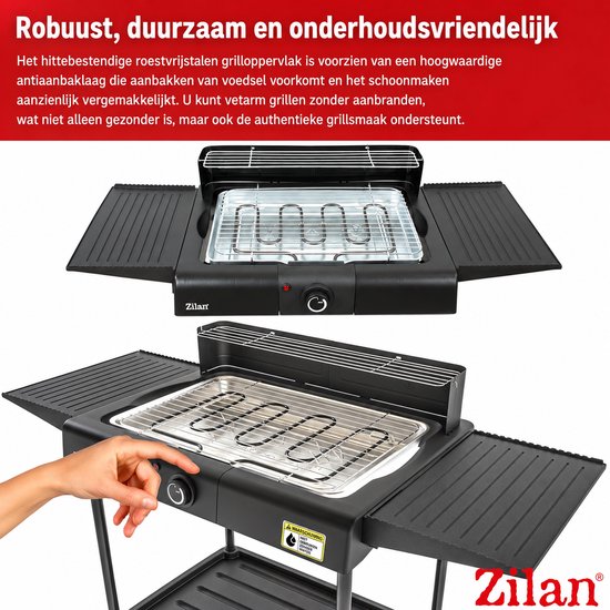 Zilan Staande Elektrische Barbecue - 2400W BBQ met Waterbak, Windscherm & 2 Zijtafels - In Hoogte Verstelbaar Grillrooster van Merkloos — afbeelding 3