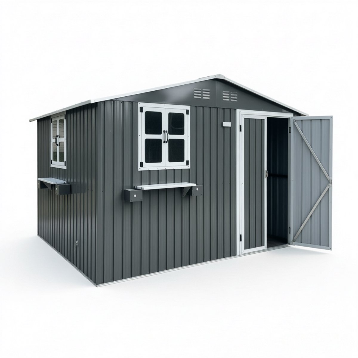 Tuinhuis - Metaal Gereedschapsschuur - Tuinhuis met Schuin Dak- Outdoor Tuinopslag - Weerbestendig - 313 x 255 x 199 cm - Met twee ramen - Waterdicht - Grijs