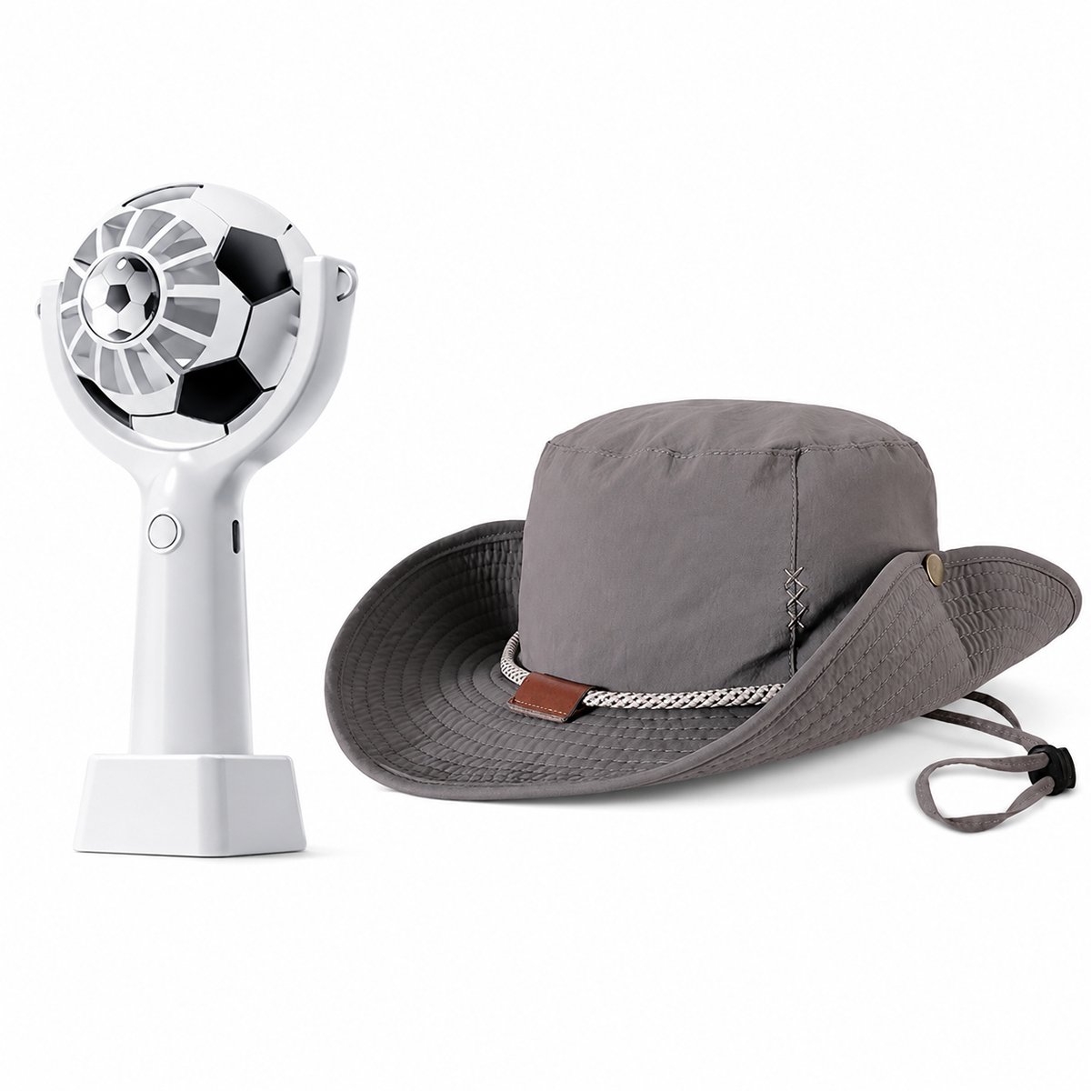 VHV - Zonnehoed en Ventilator Set - heren grijze vissershoed - Aparte voetbal handventilator - Voor reizen, wandelen, camping
