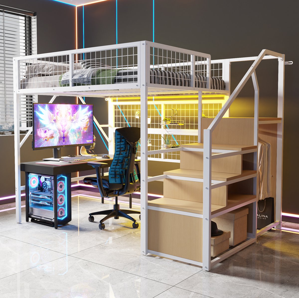 MEUNIQ Hoogslaper 140x200 cm met app-gestuurde LED-verlichting, trap met opbergruimte en open kledinggedeelte, metalen bedframe voor kinderkamer of jeugdkamer, wit