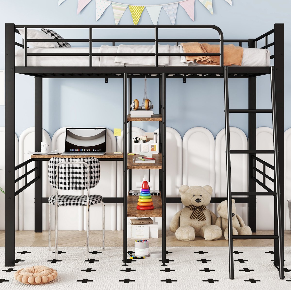 MEUNIQ hoogslaper 90x200 cm van metaal met bureau, meerdere opbergrekken, ladder en uitvalbeveiliging voor kinderkamer, zwart