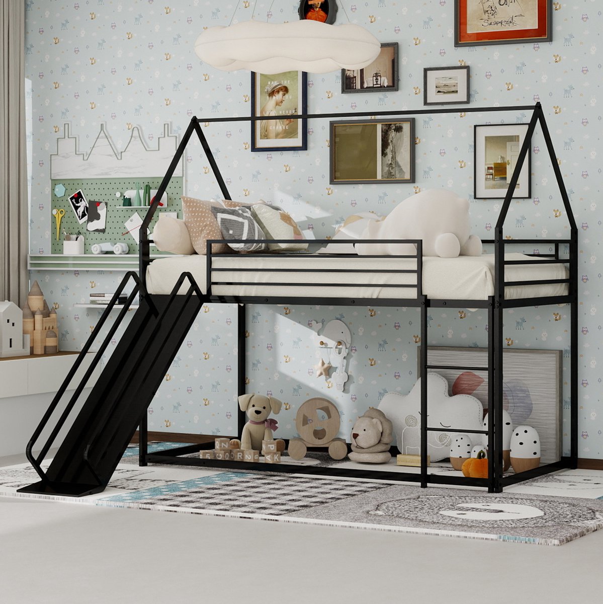 MEUNIQ stapelbed 90x190 cm met glijbaan en trap, huisvormig kinderbed van metaal, zwart, met veiligheidshek voor de kinderkamer, zonder matras