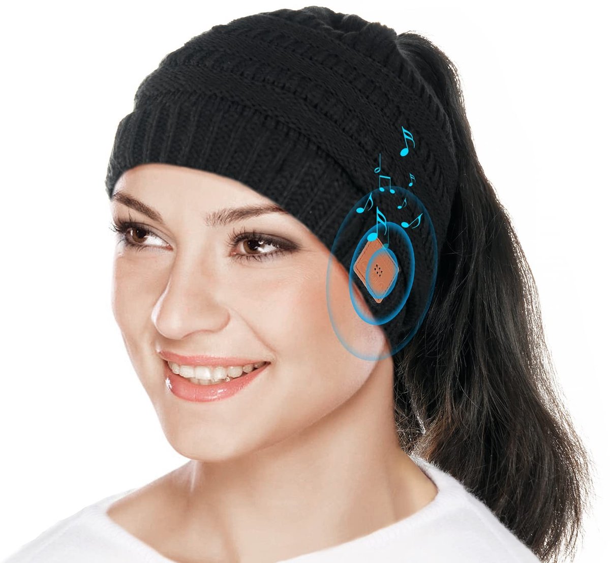 Dailygoods - Bluetooth muts - Paardenstaart mutsen - Draadloos met luidspreker - Winter gebreid - Oplaadbare hoofddoek - Geschikt voor dames en heren...