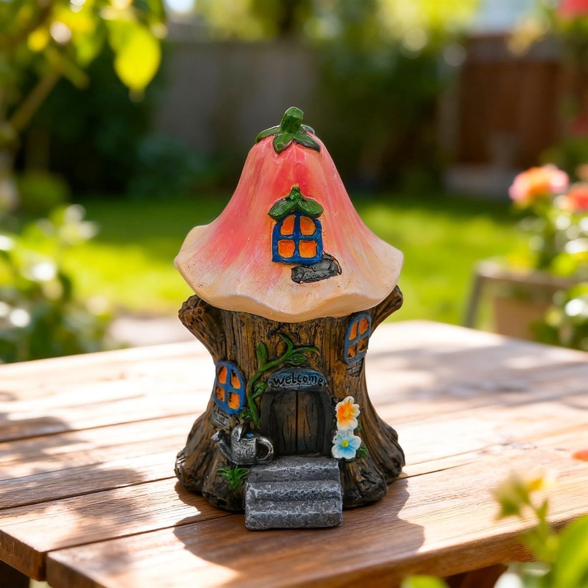 Miniatuur Tuin Huis - Hars Decoratie - Tuin Aankleden - Weerbestendig Hars - 109 x 109 x 18 cm - Roze