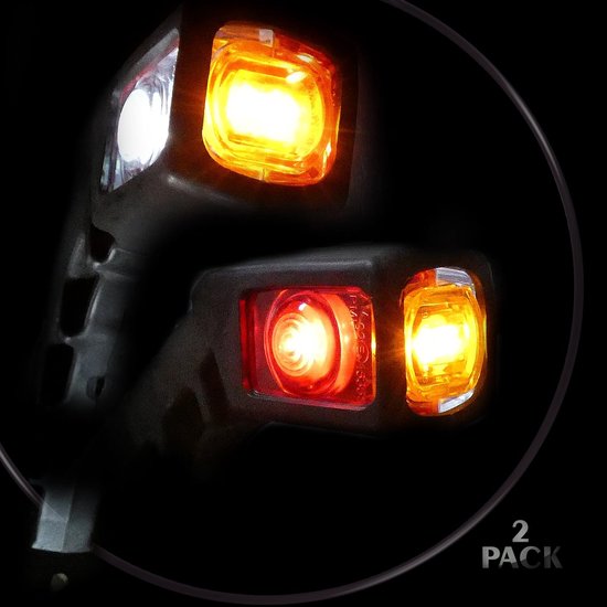 Twee LED-markeringslampen met oranje, wit en rood licht, gemarkeerd als een set van 2.