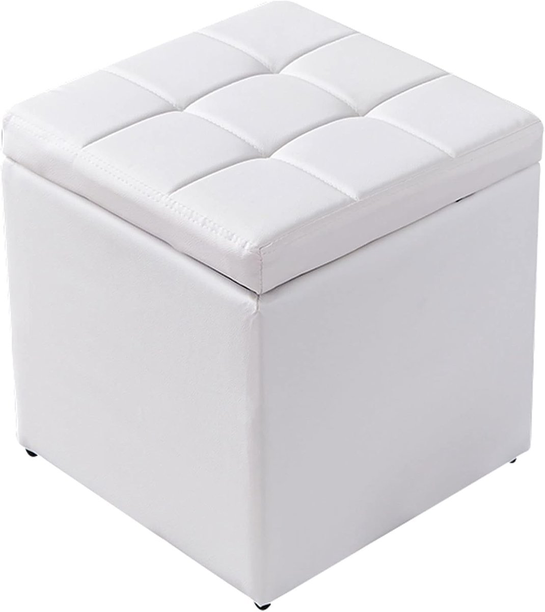 Gestoffeerde kruk - Voetenbankje opberg - Extra zitplaats - Massief houten frame - 30x30x35cm - Wit