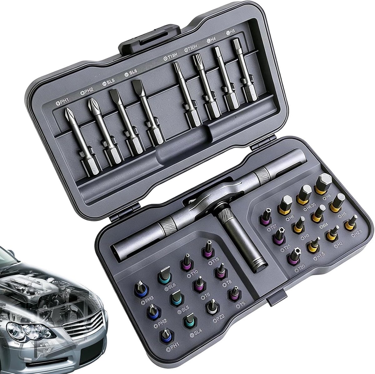 Ratel Schroevendraaierset - Installatiegereedschap Compacte Set - Precisie Reparatie - Magnetische Schroefhouder - 32-in-1 - Grijs