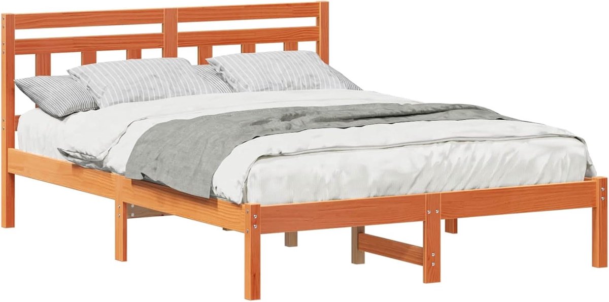 Bedframe Massief Grenenhout - Houten Bedstee - Slaapkamer Inrichten - Inclusief Lattenbodem - 140x190 cm - Bruin