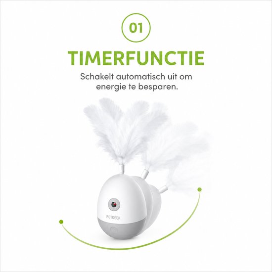 Wit en grijs kattenspeeltje met bewegende veren, toont de timerfunctie. De tekst luidt 'Timerfunctie'.
