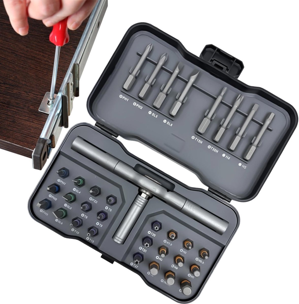 Magnetische Schroevendraaierset - Reparatieset Bits - Huishoudelijke Klussen - 32-in-1 Rateldesign - Compact Formaat - Grijs