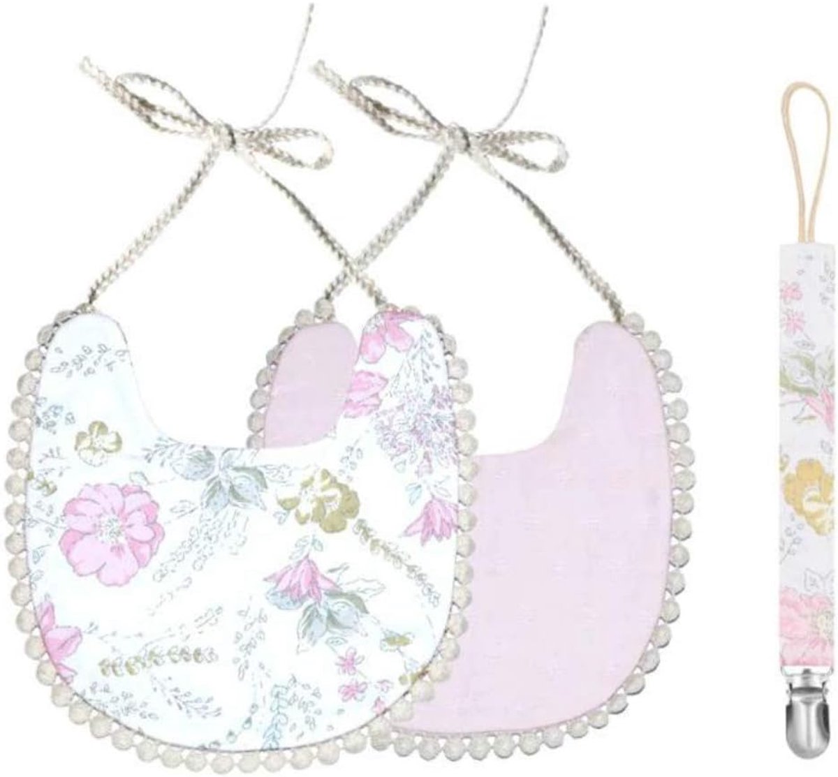 Baby Slabbertje & Speenkoord - Katoen Set - Kleine Baby Voeden - Bloemenprint - 29 x 20 cm - Wit
