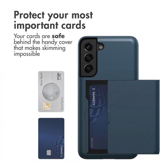 Donkerblauwe telefoonhoes met een uitklapbare pasjeshouder, met twee creditcards ernaast.