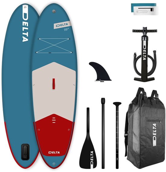 Twee blauwe DELTA SUP boards, pomp, peddel, vin en draagtas.