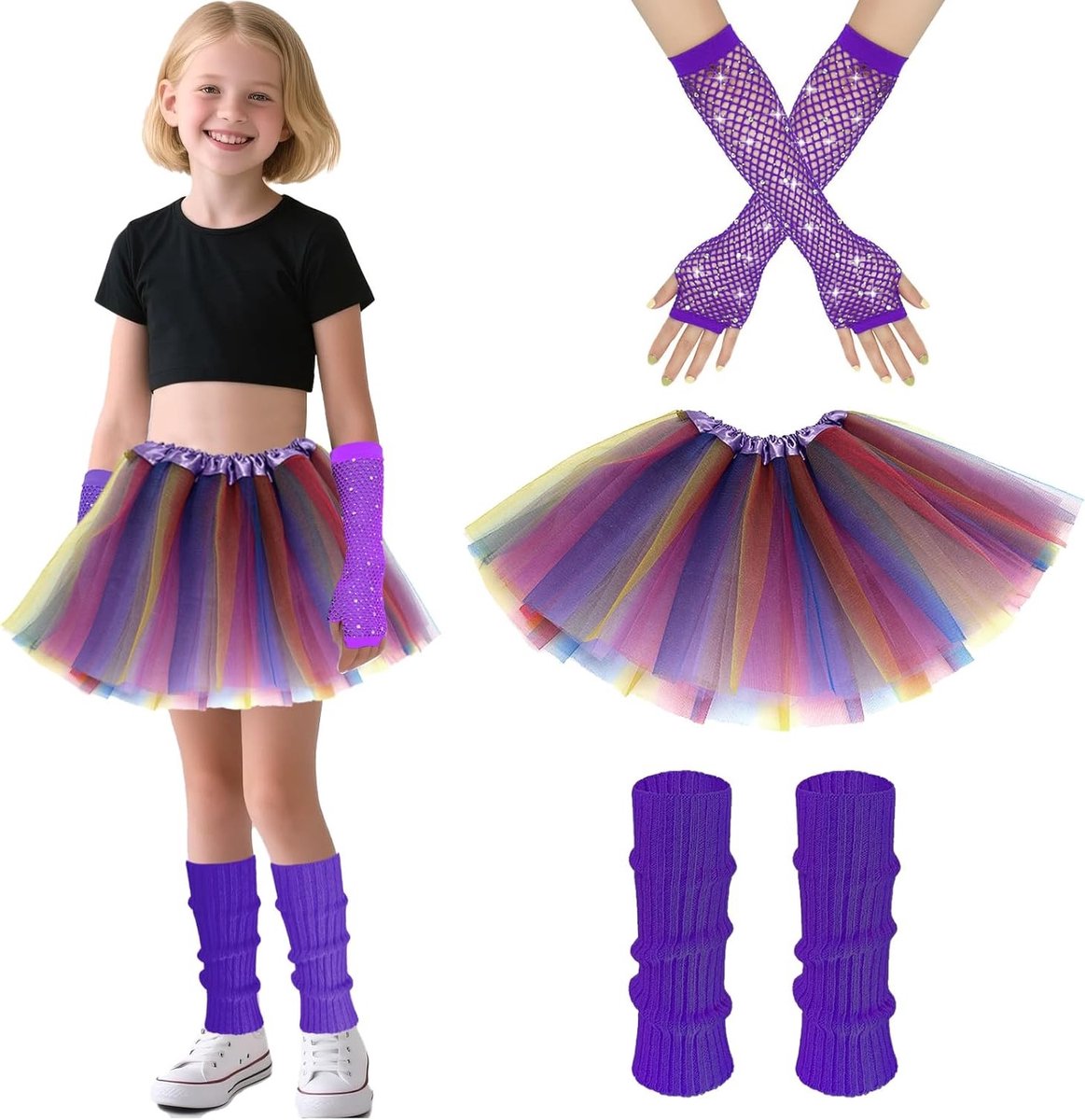 80s Kostuum voor Meisjes met Neon Beenwarmers, Visnet Handschoenen en Tutu Jurk voor Themadans of Feestjes
