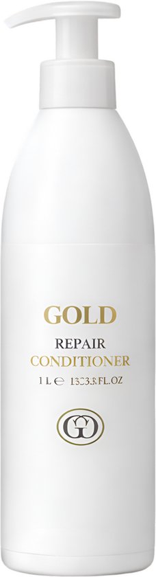 Witte conditionerfles met gouden 'GOLD REPAIR CONDITIONER 1L 33.8 FL.OZ.' opdruk.