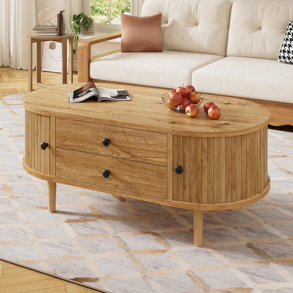 Salontafel ovaal - Eettafel bijzettafel - Woonkamer opbergen - Verticale lijsten deuren - 100x50x40cm - Eiken