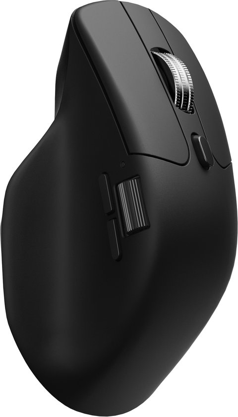 Zwarte ergonomische muis met een zilveren scrollwiel en extra knoppen aan de zijkant.