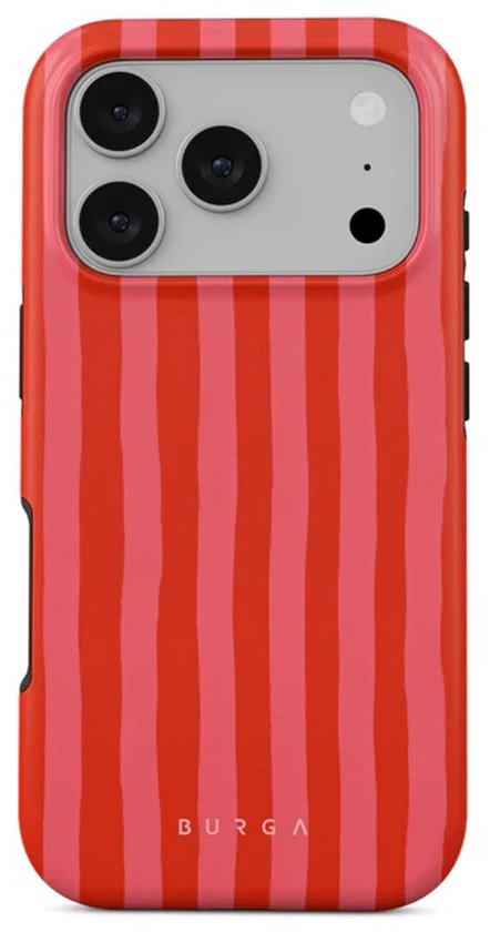Telefoonhoesje met verticale strepen in rood en roze. Burga logo onderaan.