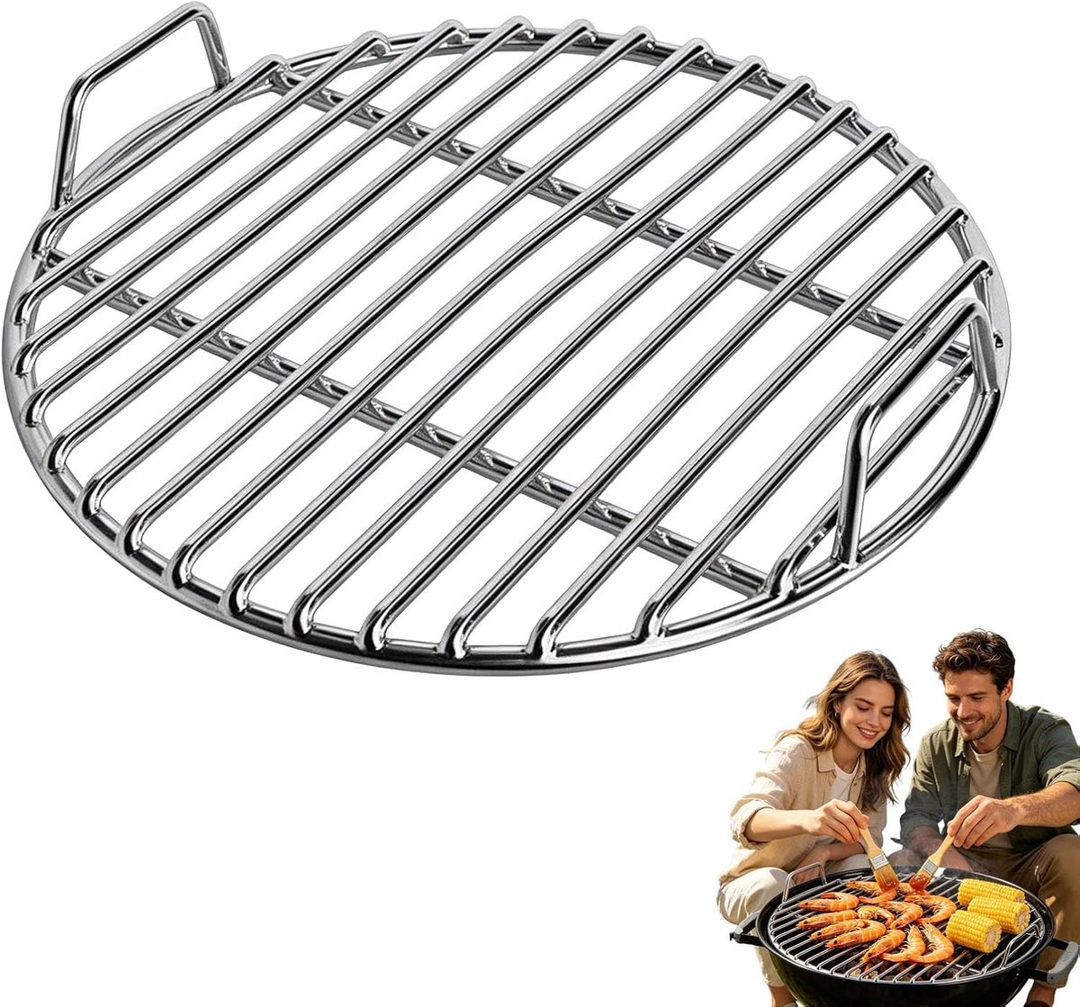 Grillrooster Rond BBQ Rooster Buiten Koken Afneembare Handgrepen 45 cm Diameter Zilver