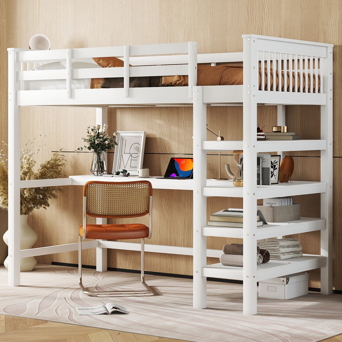 MEUNIQ Hoogslaper 90 x 200 cm met bureau en opbergrekken, houten kinderbed met uitvalbeveiliging, slaapkamer en kinderkamer, wit