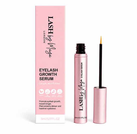 Roze flesje en doosje wimperserum Lash by Maya, met de tekst 'EYELASH GROWTH SERUM' en iconen.