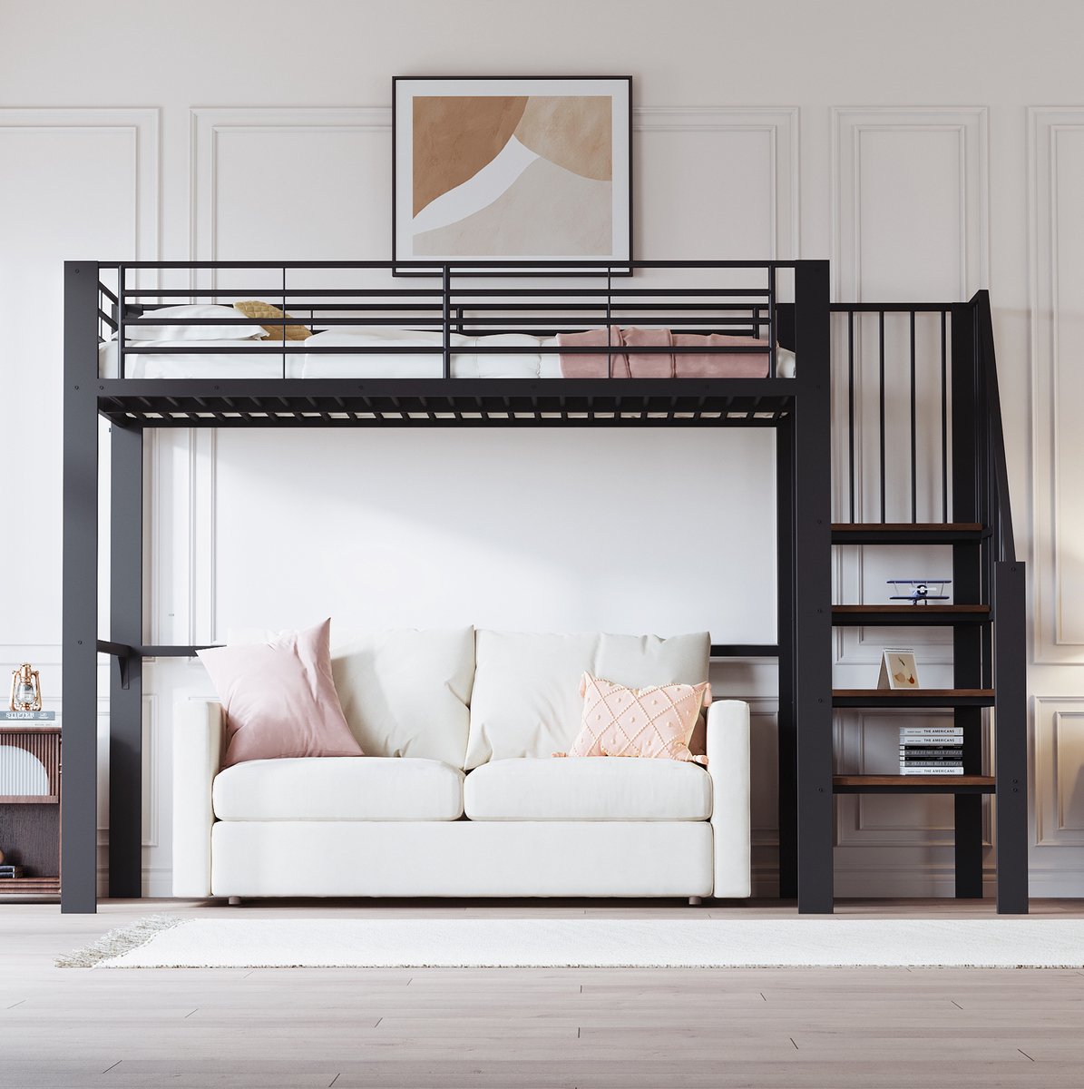 MEUNIQ Hoogslaper 90 x 200 cm met trap en ruime opbergruimte onder het bed, metalen bedframe voor slaapkamer, zwart