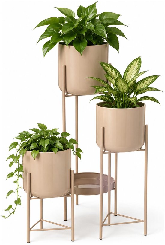 Home & Styling Plantenrek / plantenpotten verhoger - beige/zand - metaal - 60 cm - 3 niveaus bloempotten - kamerplanten