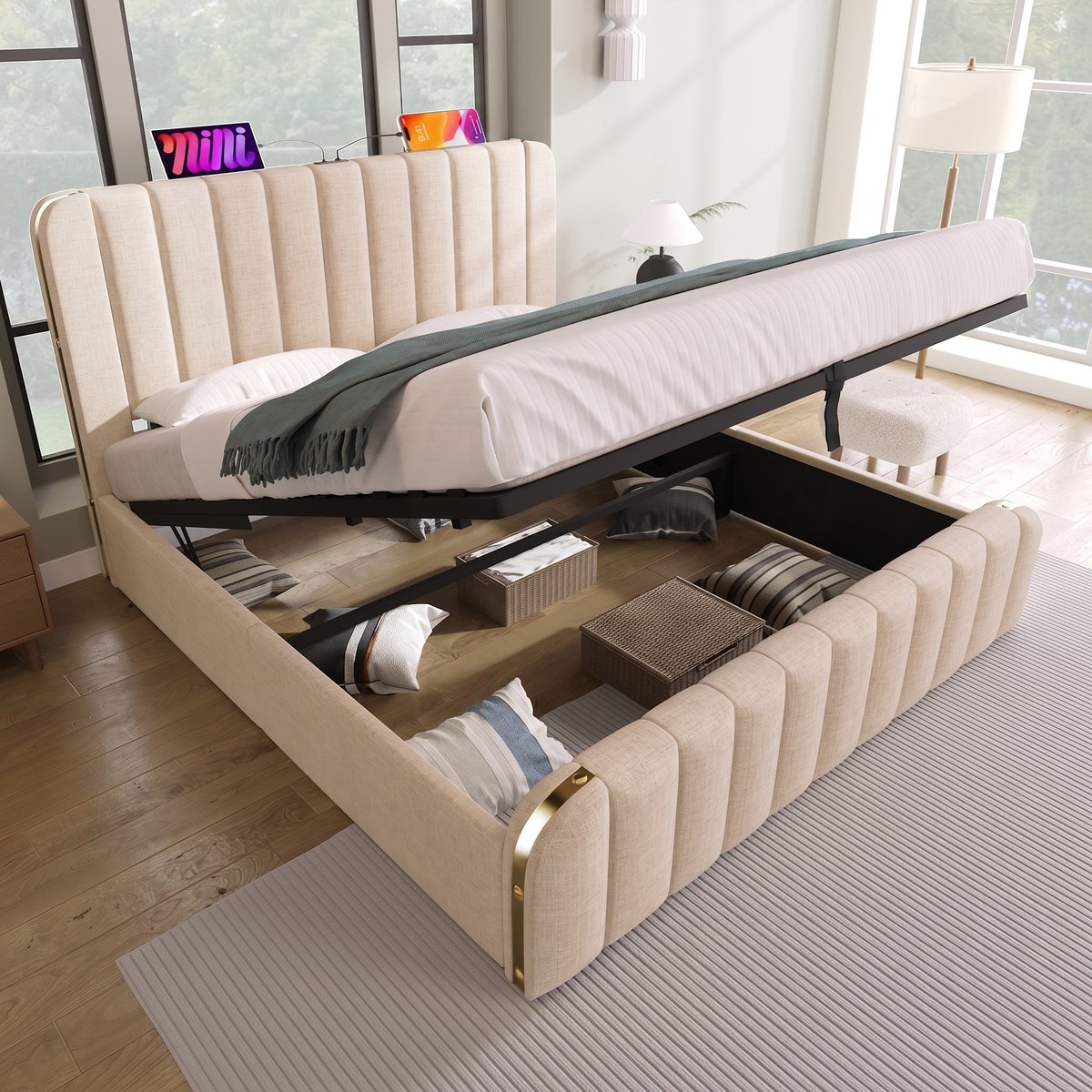 VVBV Bed met opbergruimte 160x200 / Tweepersoonsbed 160x200 – met Hydraulische Opbergruimte, USB, USB-C, Lattenbodem – Hoofdbord – Linnen – Beige
