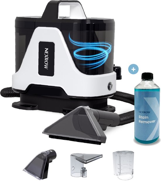 De NEXROW vlekkenreiniger met toebehoren en een fles NEXROW Stain Remover.