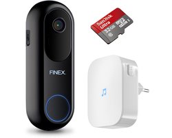 Finex Video Deurbel V2 - Inclusief Binnenbel & SD-kaart 32GB - Geen abonnement - Vast stroom of Batterijen - 2K Ultra HD - WiFi - T-ring geluid - Slimme Draadloze Video Deurbel Met Camera