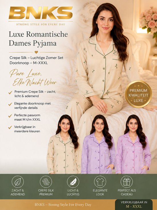 Luxe Romantische Dames Pyjama – Crepe Silk – Luchtige Zomer Set – Doorknoop – M-XXXL - Pyjama Dames