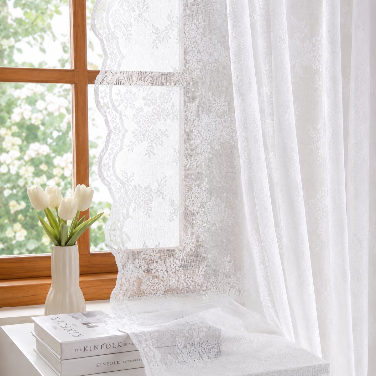 MUPOO Vitrages Kant en Klaar - Wit Landelijk Vitrage Gordijn met Bloemenpatroon - Lichtdoorlatend - Voile Gordijn met Tunnelzoom voor Woonkamer/Klein Raam- 150 x 130 cm-1 stuk