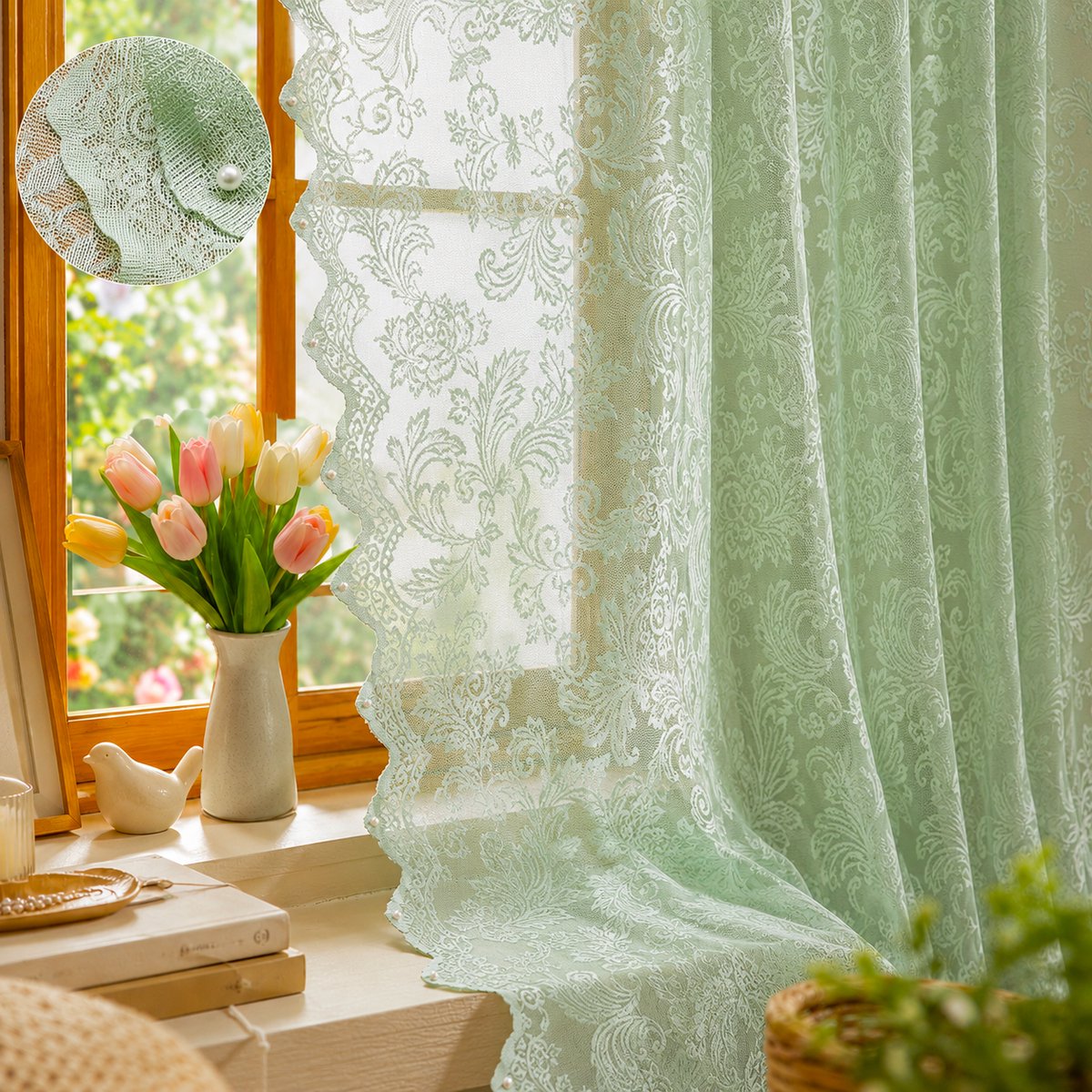 MUPOO Vitrages Kant en Klaar - Mintgroene Kanten Vitrage Gordijnen met Bloemenmotief - Lichtdoorlatend &Luchtig -Voile Gordijnen met Tunnelzoom voor Slaapkamer/Woonkamer - 140 x 215 cm-1 stuk Mintgroen-1 stuk