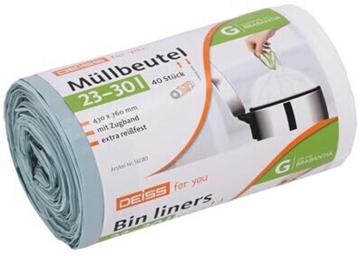 DEISS FOR YOU vuilniszakken 23–30 liter met groene trekband van HDPE – 6 rollen à 40 stuks.