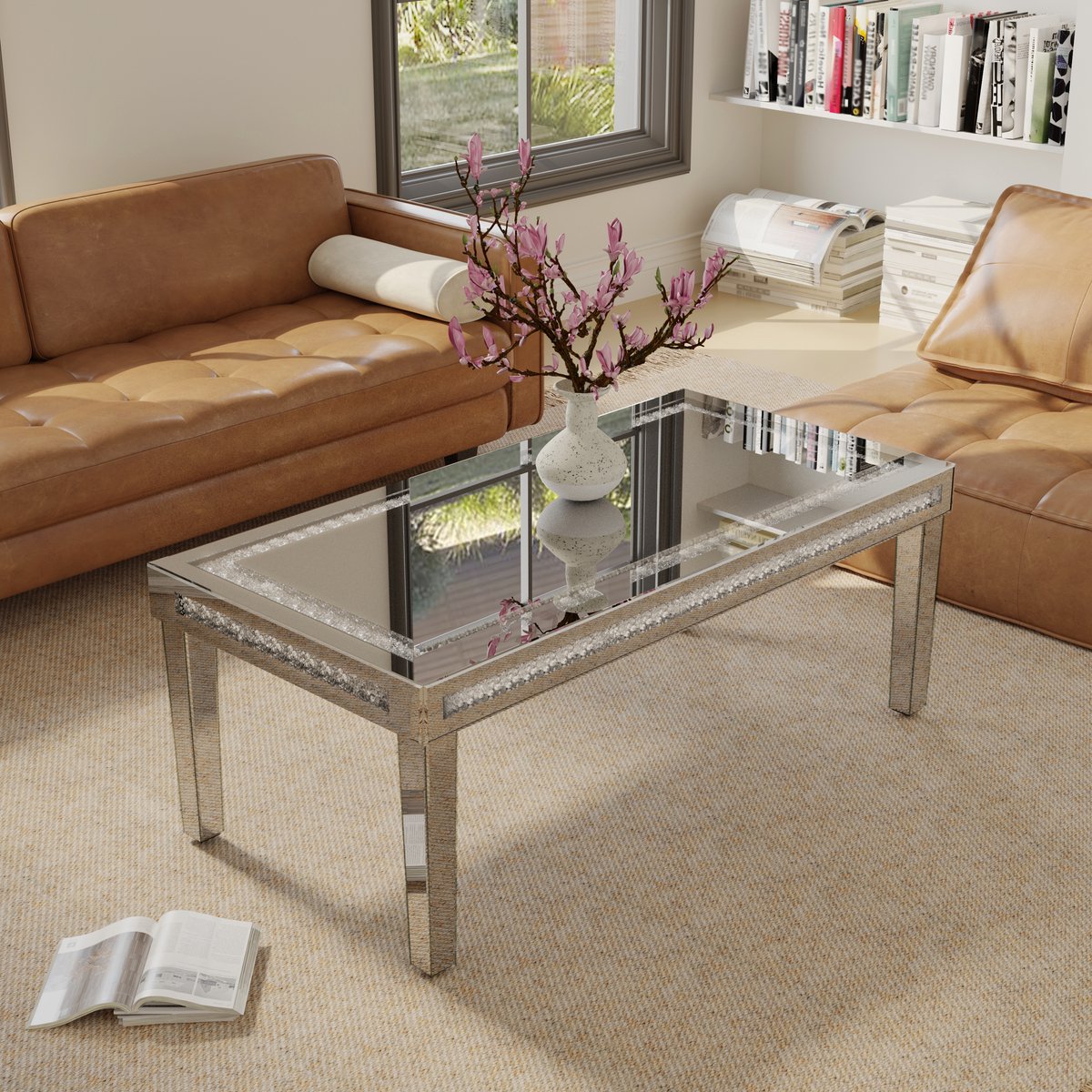 Artloge Salontafel - Rechthoekige Spiegeltafel met Kristal Diamanten - Zilver - 120x60cm