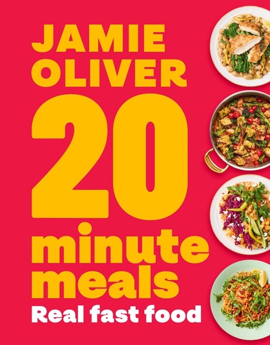 Jamie Oliver's '20 minute meals - Real fast food' kookboek. Met afbeeldingen van vier maaltijden.