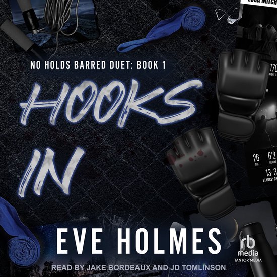 Zwarte bokshandschoenen met bloedvlekken, een springtouw, blauwe bandages en de tekst 'Hooks In' op een donkere achtergrond.