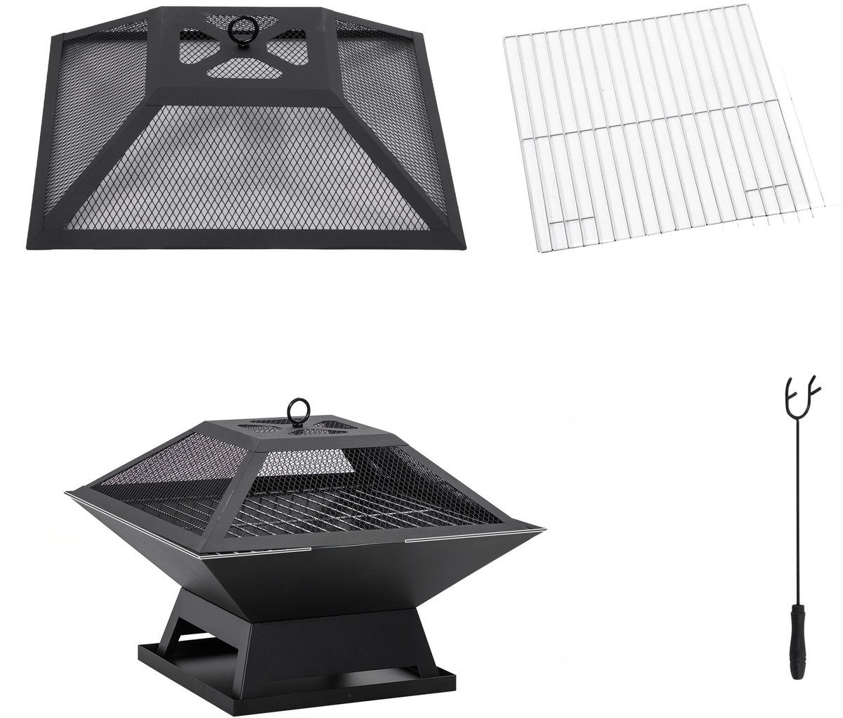 Noventra - vuurschaal - vuurkorf - 2-1 vuurschaal met BBQ rek - met vonkbescherming - zwart - metaal - 45 x 45 x 34 cm - compact en draagbaar