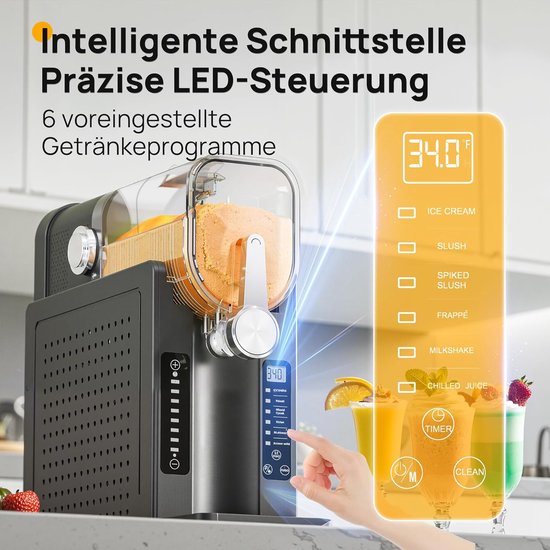Slush Machine 2 Liter – Thuis Slushiemaker met Compressor – Zelfreinigende Slushi Maker – 6 Programma’s voor Slush, Milkshake, Frappé en Cocktails – LED Display – Zonder IJs Nodig – Zwart AD03 — afbeelding 4